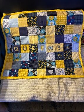 Handmade Patchwork dog Quilt in Yellow & Blue